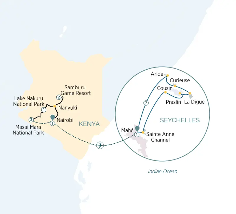 Safari en de Seychellen - luxe cruise met Emerald - routekaart